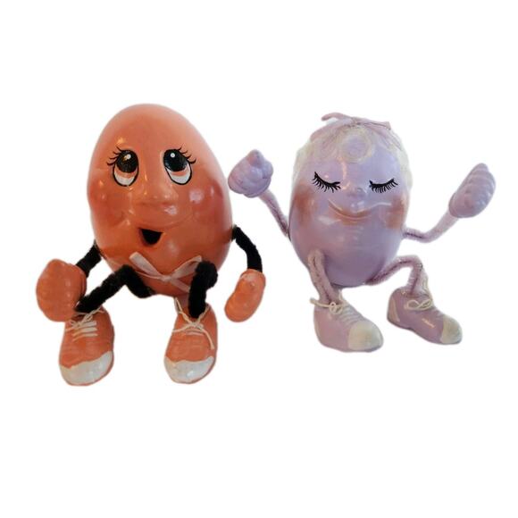 Vtg Egg Noggin Shelf Sitters 2 Ceramic & Pipe Cleaner Anthropomorphic Faces - Picture 1 of 8